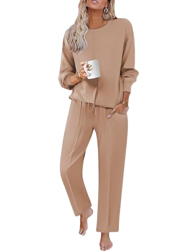 Ekouaer Schlafanzug-Set Damen-Loungewear Pyjamas mit Taschen Nachtwäsche Rundhals Schlafanzüge Herbst Pjs Bequem, Beige, M von Ekouaer