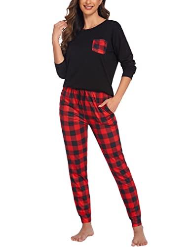 Ekouaer Damen Schlafanzug Kariert Pyjama Set mit Taschen Zweiteiler Pyjama Lang Hose Freizeitanzug Winter Hausanzug Langarm lang, Schwarz-rot, XL von Ekouaer