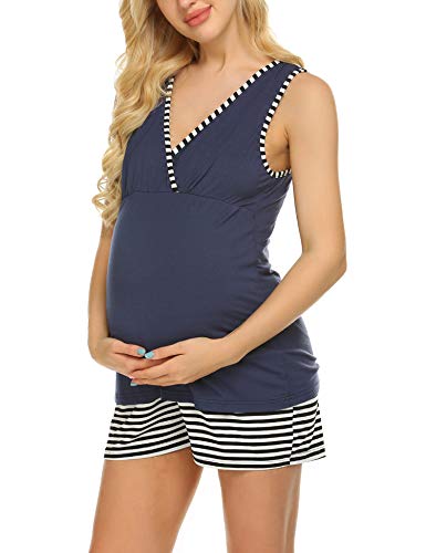 Ekouaer Damen Schlafanzug Kurz Gestreift Umstandspyjama Set Sommer Umstandsmode Hausanzug für Schwangerschaft Stillzeit, Navyblau, XL von Ekouaer