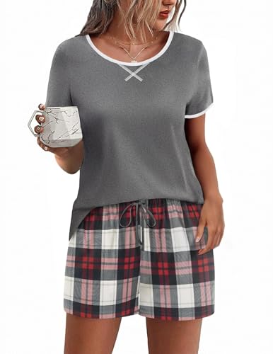Ekouaer Schlafanzug Damen Kurz Pyjama Damen Kurz Sommer Schlafanzüge Shorty Schlafshorts für Frauen Zweiteiliger Kurzarm Sleepshirt, Grau-Karierte Shorts, XL von Ekouaer