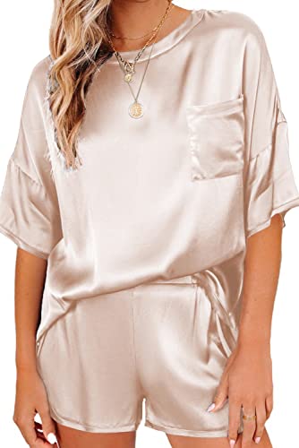 Ekouaer Schlafanzug Kurz Satin Pyjama Set Sommer Kurzarm Top und Short Nachtwäsche Schlafshorts Zweiteilige Sleepwear,Champagner,M von Ekouaer