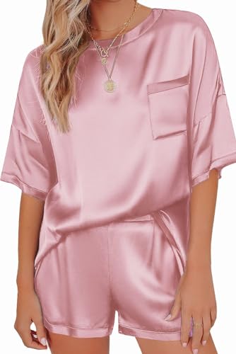 Ekouaer Damen Schlafanzug Kurz Pyjama Set Sommer Kurzarm Top und Short Nachtwäsche Lose Hausanzug Zweiteilige Sleepwear,pink,XXL von Ekouaer