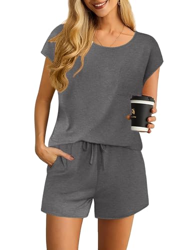 Ekouaer Damen Schlafanzug Kurz Pyjama Set Sommer Nachtwäsche Zweiteiliger Sleepwear mit Pyjamahose und Rundhals Pyjama-Top Hausanzug Dunkelgrau M von Ekouaer
