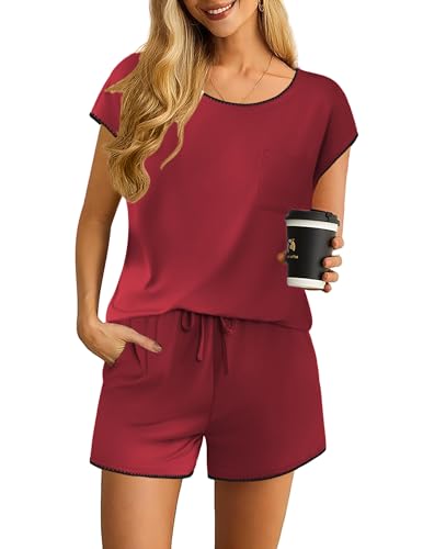 Ekouaer Damen Schlafanzug Kurz Pyjama Set Sommer Nachtwäsche Zweiteiliger Sleepwear mit Pyjamahose und Rundhals Pyjama-Top Hausanzug Weinrot M von Ekouaer