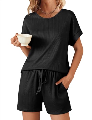 Ekouaer Pyjama Damen Kurz Sommer Waffel Schlafanzüge für Damen Baumwolle Einfarbig Sleepwear, Schwarz, M von Ekouaer