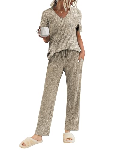 Ekouaer Damen Schlafanzug Kurz Schlafanzüge Zweiteiliger Schlafanzug Sommer Pyjama Set V-Ausschnitt Kurzarm Schlafanzug, Khaki, XL von Ekouaer