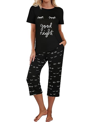 Ekouaer Damen Schlafanzug Kurzarm 3/4 Capri Hose Pyjamas Set Schlafanzüge Zweiteiliger Hausanzug, Schwarz, M von Ekouaer