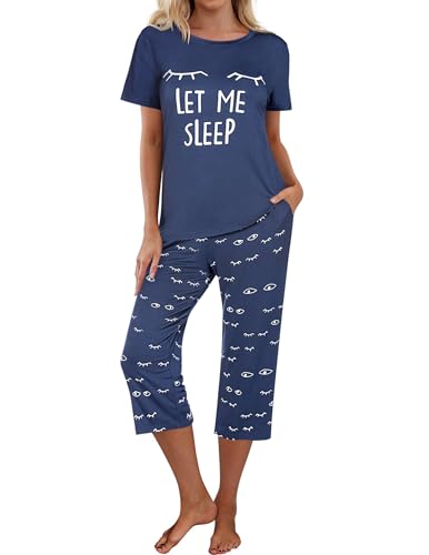 Ekouaer Damen Schlafanzug Kurzarm Nachtwäsche 3/4 Lange Hose Pyjamas Set Schlafanzüge Zweiteiliger Hausanzug, Blau, M von Ekouaer