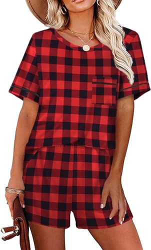 Ekouaer Damen Schlafanzug Kurzarm Nachtwäsche Pyjamas Set Schlafanzüge Zweiteiliger Nachtwäsche Hausanzug, Plaid, M von Ekouaer