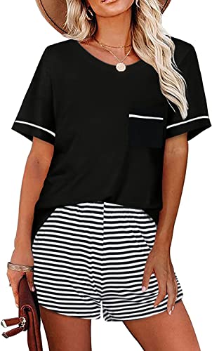 Ekouaer Damen Schlafanzug Kurzarm Nachtwäsche Pyjamas Set Schlafanzüge Zweiteiliger Nachtwäsche Hausanzug, Schwarz, M von Ekouaer