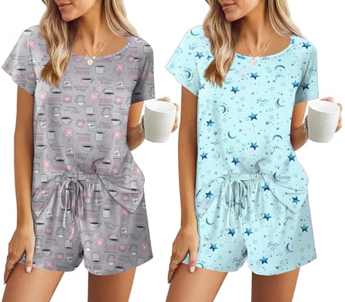 Ekouaer Damen Schlafanzug Kurzarm Pyjama Rundhals Pyjamahose Verstellbarer Kordelzug Zweiteiliger Süß Hausanzug 2er Pack, Kaffee+Blau, S von Ekouaer