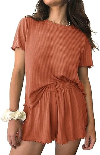 Ekouaer Damen Schlafanzug Kurzarm Pyjama Set Rundhals Kurz Nachtwäsche Mit Rüschen Zweiteiliger Weich S-XXL Karamell S von Ekouaer