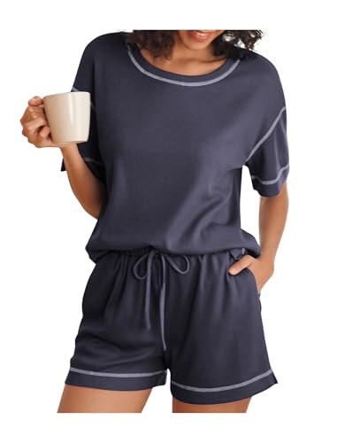 Ekouaer Schlafanzug Damen Weiche Pyjama Set Kurzarm Rundhals Zweiteiliger Nachtwäsche mit Taschen und Kordelzug Hausanzug Loungewear Freizeitanzug Marineblau L von Ekouaer