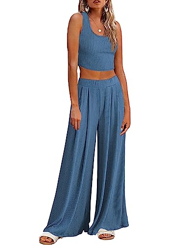 Ekouaer Damen Schlafanzug Lang Ärmellos Pyjama Set Lang Hose Chic Outfit Casual Loungewear für Frau Blau M von Ekouaer