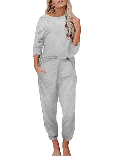 Ekouaer Damen Schlafanzug Lang Baumwolle Pyjama Set Herbst Winter Nachtwäsche Zweiteiliger Sleepwear Woman Pyjama Loungewear Hausanzug, Grau M von Ekouaer