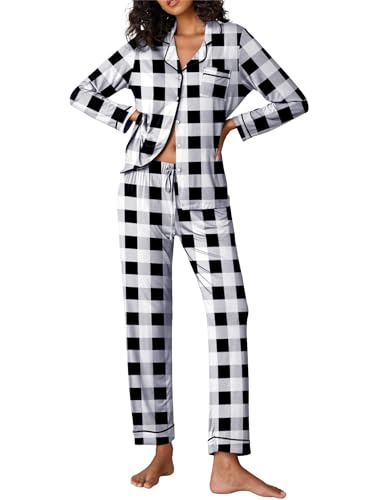 Ekouaer Damen Schlafanzug Lang Damen Pyjama Set Winter Nachtwäsche Baumwolle Zweiteiliger Sleepwear und Hose mit Tunnelzug V-Ausschnitt Pyjamas Langearm Schwarz und Weiß Grau L von Ekouaer