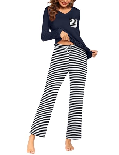 Ekouaer Damen Schlafanzug Lang Pyjama Langarm Zweiteiliger Sleepwear mit Taschen Kordelzug Hausanzug Warm Winter Blau Weiß Streifen L von Ekouaer