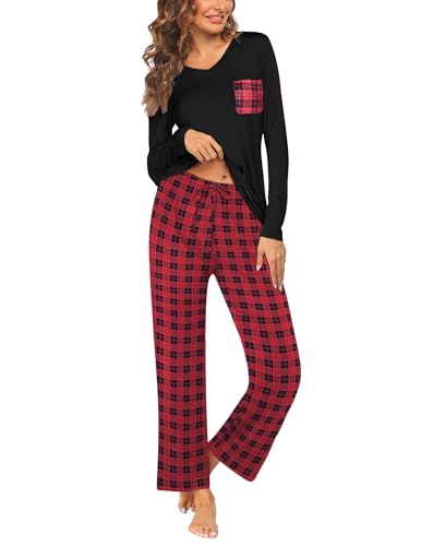 Ekouaer Damen Schlafanzug Lang Pyjama Langarm Zweiteiliger Sleepwear mit Taschen Kordelzug Hausanzug Warm Winter Karierte Rot L Ekouaer Damen Schlafanzug Lang Pyjama Langarm Zweiteiliger Sleepwear mit Taschen Kordelzug Hausanzug Warm Winter Karierte Rot L von Ekouaer