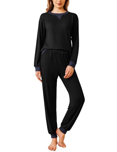Ekouaer Damen Schlafanzug Lang Pyjama Set Winter Nachtwäsche Zweiteiliger Sleepwear Soft Loungewear Hausanzug Schwarz M von Ekouaer