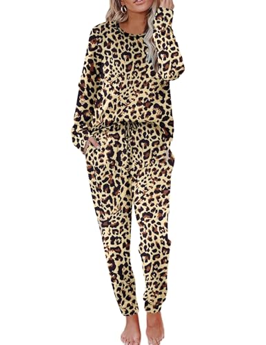Ekouaer Damen Schlafanzug Lang Pyjama Set Herbst Winter Nachtwäsche Zweiteiliger Sleepwear Soft Loungewear Leopardenmuster Hausanzug,Leopard,S von Ekouaer