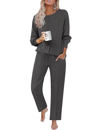 Ekouaer Damen Schlafanzüge Lang Pyjamas Set Nachtwäsche mit Taschen Schlafanzug Herbst Freizeitanzug Bequem, Dunkelgrau, XL von Ekouaer