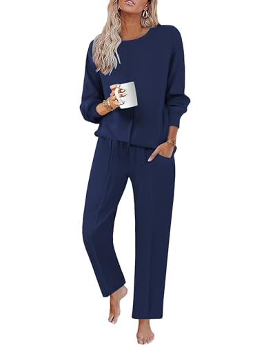 Ekouaer Schlafanzug Lang Damen-Winterpyjamas Set Schlafanzüge Rundhals Homewear Kordelzug Loungewear Weich, Navyblau, XXL von Ekouaer