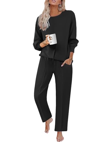 Ekouaer Schlafanzug Damen Lang Baumwolle Pyjama Set Nachtwäsche Rundhals Schlafanzüge Herbst Loungewear Kordelzug, Schwarz, S von Ekouaer