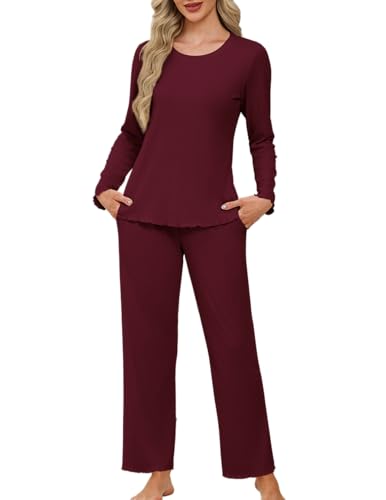 Ekouaer Damen Schlafanzug Lang Pyjama Set Rundhals Nachtwäsche mit Rüschen Sleepshirt, Weinrot, XL von Ekouaer