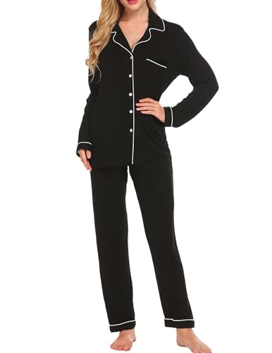Ekouaer Damen Schlafanzug Lang Pyjama Set mit Knopfleiste Nachtwäsche Weich Sleepwear Oberteil und Pyjamahose Schwarz L von Ekouaer