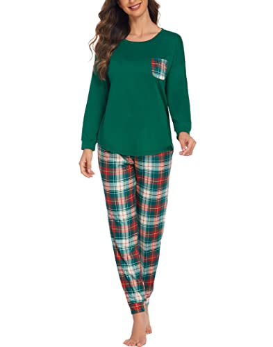 Ekouaer Damen Schlafanzug Lang Pyjama Set mit Taschen Zweiteiler Pyjama Lang Hose Freizeitanzug Winter Hausanzug Langarm, Grün, XL von Ekouaer