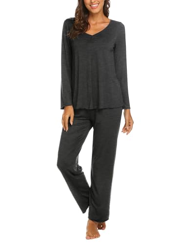 Ekouaer Damen Schlafanzug Lang Pyjama Winter Herbst Nachtwäsche V Ausschnitt Schlafanzüge Dunkelgrau XL von Ekouaer
