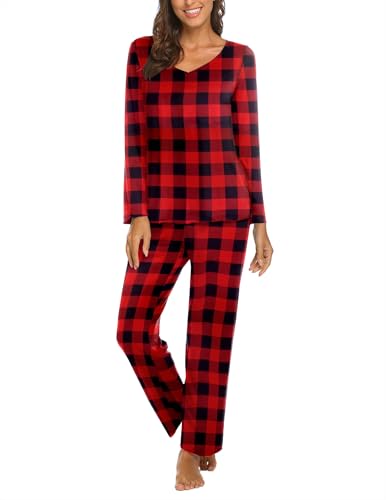 Ekouaer Damen Schlafanzug Lang Pyjama Winter Herbst Nachtwäsche V Ausschnitt Schlafanzüge Plaid XL von Ekouaer