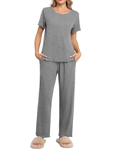 Ekouaer Damen Schlafanzug Lang Pyjamas Kurzarm Nachtwäsche Zweiteiliger Pjs Sets Rundhals Schlafanzüge Winter Sleepwear Hellgrau M von Ekouaer