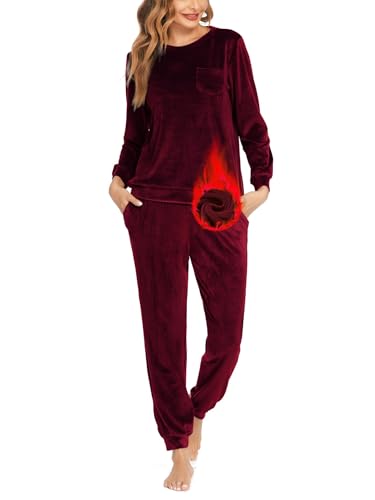 Ekouaer Damen Schlafanzug Lang Rundhals Velour Winter Pyjama Set Warm Hausanzug Weich Freizeitanzug mit Taschen Rot XL von Ekouaer