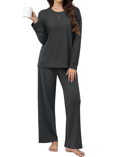Ekouaer Damen Schlafanzug Lang Seite Schlitz Zweiteiler Reise Flughafen Outfits Weit Bein Trainingsanzug Baggy Loungewear Comfy Hausanzug Dunkelgrau XXL von Ekouaer