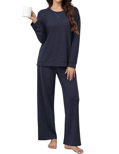 Ekouaer Damen Schlafanzug Lang Seite Schlitz Zweiteiler Reise Flughafen Outfits Weit Bein Trainingsanzug Baggy Loungewear Comfy Hausanzug Marineblau XXL von Ekouaer