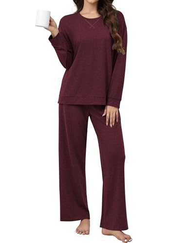 Ekouaer Damen Schlafanzug Lang Seite Schlitz Zweiteiler Reise Flughafen Outfits Weit Bein Trainingsanzug Baggy Loungewear Comfy Hausanzug Rot XL von Ekouaer