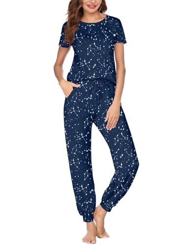 Ekouaer Pyjama Set für Damen Sexy Kurzarm Bedrukt Haus Lounge Set Sleepshirt Sternenhimmel XXL von Ekouaer