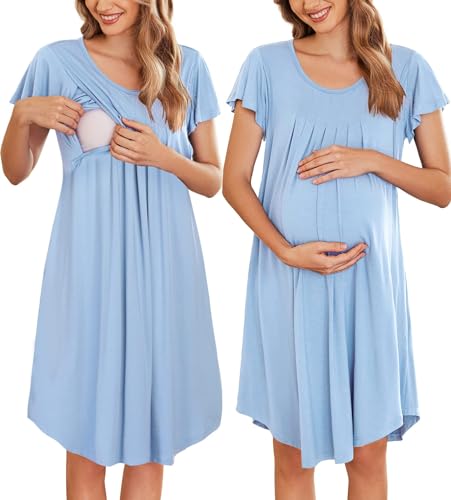 Ekouaer Damen Schlafanzug Lang Stillpyjama Umstandsmode Pyjama für die Geburt Krankenhaus Stillen Nachthemd DREI-in-eins-Geburt/Stillen/Pflege, Blu, XL von Ekouaer