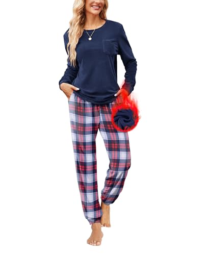 Ekouaer Damen Schlafanzug Lang Velor Pyjamas Set Frauen Kuschelig Warm Hausanzug mit Seitentaschen Freizeitanzüge Blau Kariert L von Ekouaer