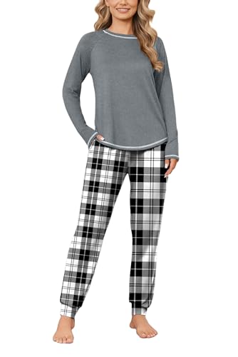 Ekouaer Damen Schlafanzug Lang Weich Pyjama Set Kuschelig Zweiteiliger Sleepwear Karierte Winter Hausanzug Schwarzweiß XL von Ekouaer