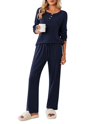 Ekouaer Damen Schlafanzug Lang Weich Pyjama Set mit Taschen Zweiteiler Langarm Sleepwear Winter Hausanzug, Navy, S von Ekouaer