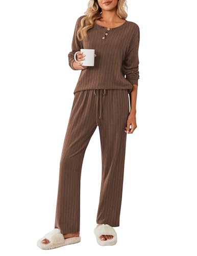 Ekouaer Damen Schlafanzug Lang Weich Pyjama Set mit Taschen Zweiteiler Sleepwear Winter Hausanzug, Braun, XXL von Ekouaer