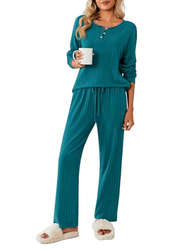 Ekouaer Damen Schlafanzug Lang Weich Pyjama Set mit Taschen Zweiteiler Sleepwear Winter Hausanzug, Grün, XL von Ekouaer