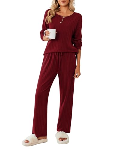 Ekouaer Damen Schlafanzug Lang Weich Pyjama Set mit Taschen Zweiteiler Sleepwear Winter Hausanzug, Weinrot, XXL von Ekouaer