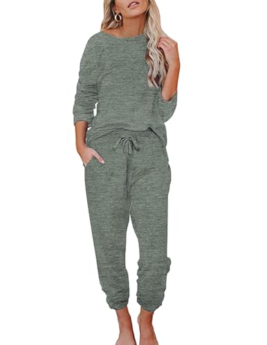 Ekouaer Damen Schlafanzug Lang Weich Pyjama Set mit Taschen Zweiteiler Sleepwear Winter Hausanzug Army Grün XXL von Ekouaer