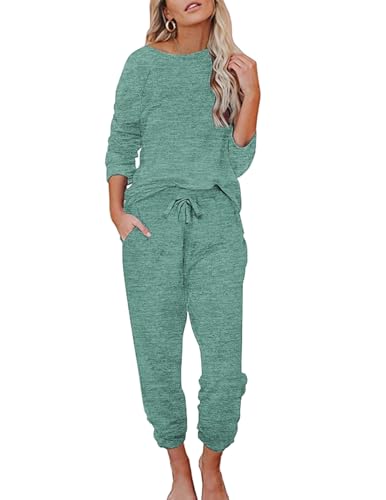 Ekouaer Damen Schlafanzug Lang Weich Pyjama Set mit Taschen Zweiteiler Sleepwear Winter Hausanzug Blaugrün M von Ekouaer