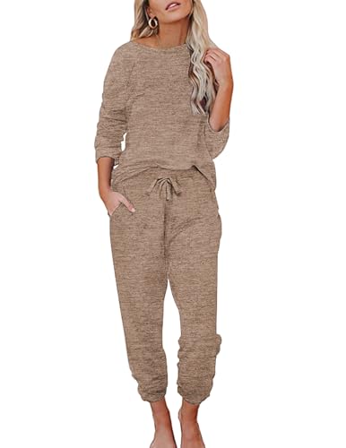 Ekouaer Damen Schlafanzug Lang Weich Pyjama Set mit Taschen Zweiteiler Sleepwear Winter Hausanzug Braun XXL von Ekouaer