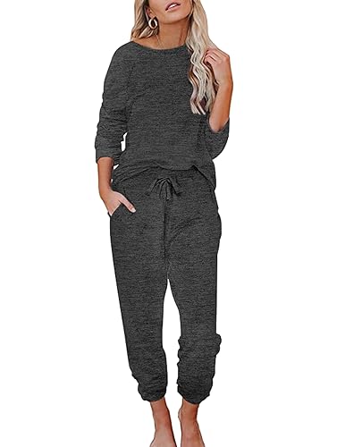 Ekouaer Damen Schlafanzug Lang Weich Pyjama Set mit Taschen Zweiteiler Sleepwear Winter Hausanzug Dunkelgrau M von Ekouaer