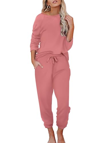 Ekouaer Damen Schlafanzug Lang Weich Pyjama Set mit Taschen Zweiteiler Sleepwear Winter Hausanzug Grau Lila XL von Ekouaer